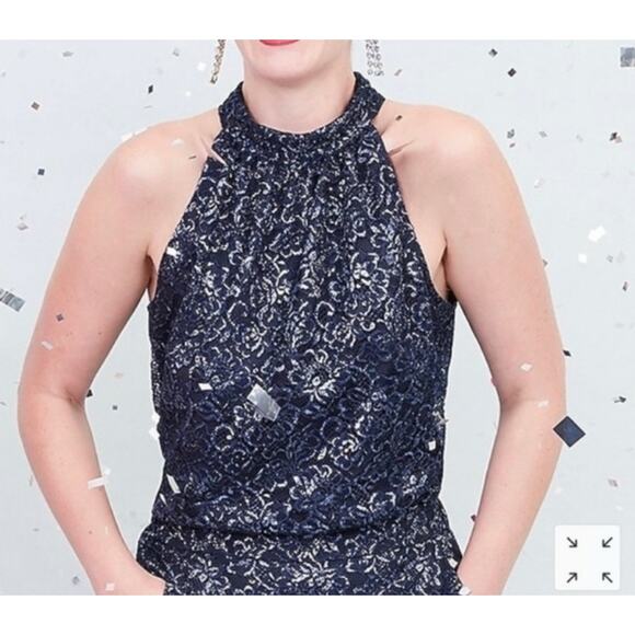 J. Crew Lace Halter Tie-Back Top Sz L Metallic Navy Blue Preppy Classic Dressy - Picture 1 of 6